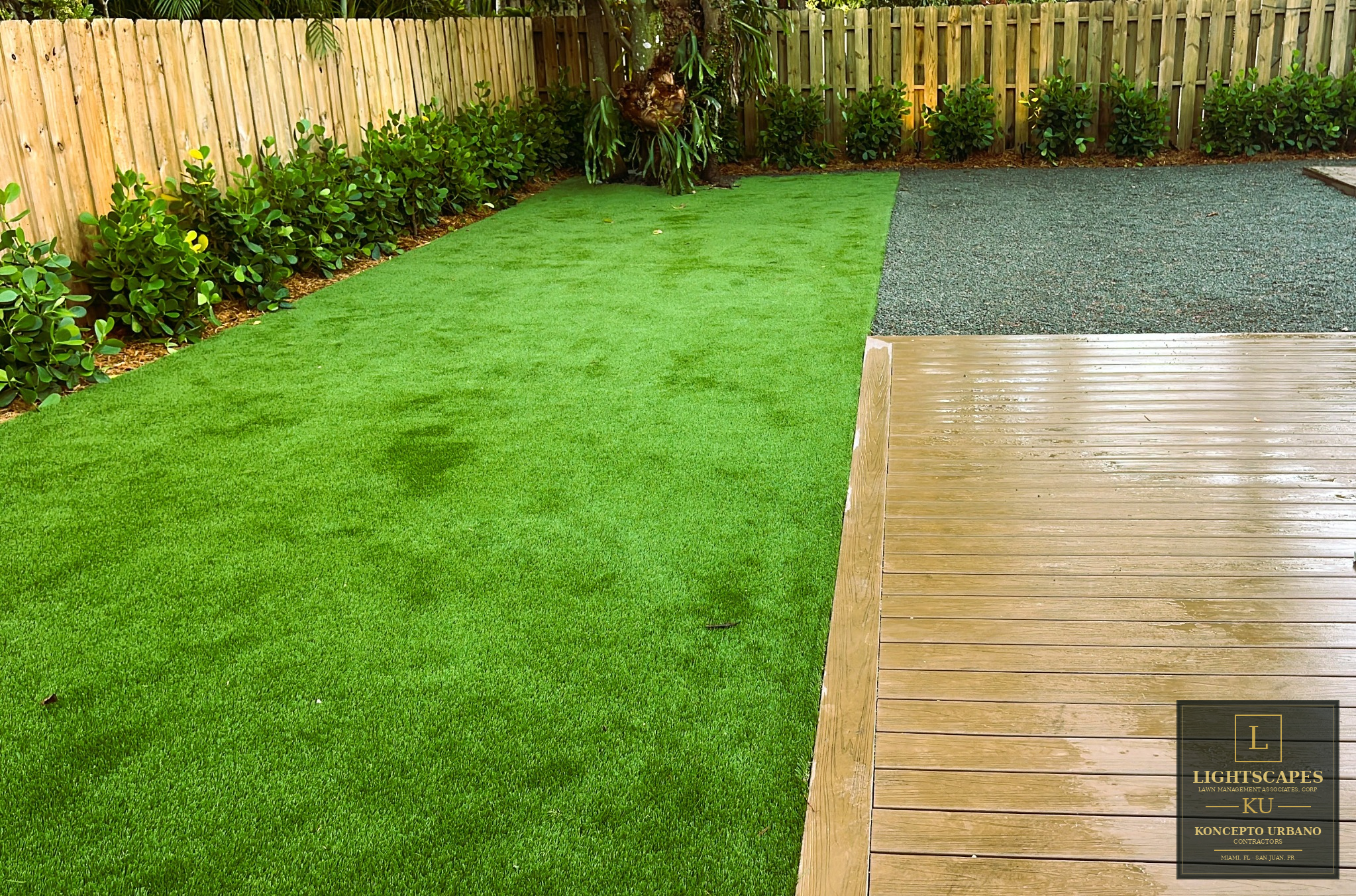 Completed residential landscape after professional renovation and lighting installation