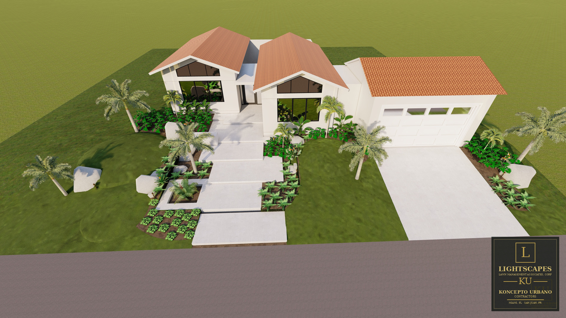 3D aerial landscape design rendering showing proposed pool, planting, walkways, and outdoor living improvements.